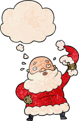 cartoon santa claus waving hat and thought bubble in grunge texture pattern style