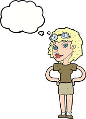 cartoon retro pilot woman with thought bubble