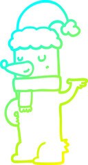 cold gradient line drawing cartoon bear wearing christmas hat