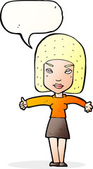 cartoon woman giving thumbs up symbol with speech bubble