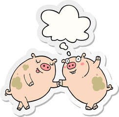 cartoon pigs dancing and thought bubble as a printed sticker