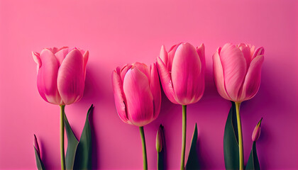Four pink tulips on a pink background. AI generated