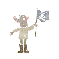 cartoon wolf man waving pirate flag
