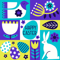 Easter postcard with lettering Happy Easter. Easter modern illustration with bunny, eggs, bird, leaves and flowers. Vector illustration with stylized decorative easter elements. 