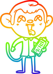 rainbow gradient line drawing crazy cartoon monkey with clipboard