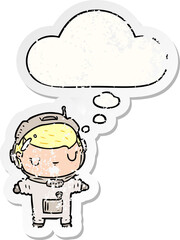 cartoon astronaut and thought bubble as a distressed worn sticker