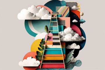 Abstract ladder and clouds. Concept of career growth and development. Generative ai - obrazy, fototapety, plakaty