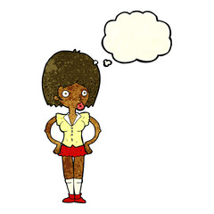 cartoon woman with hands on hips with thought bubble