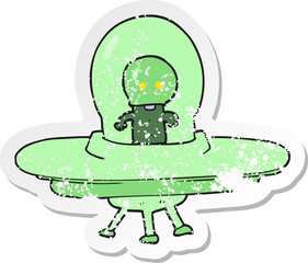 retro distressed sticker of a cartoon alien in flying saucer