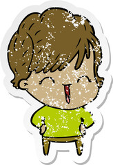 distressed sticker of a cartoon laughing woman
