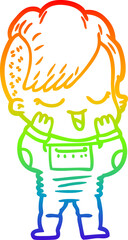 rainbow gradient line drawing happy cartoon girl in space suit