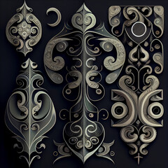 Collection of Decorative ornaments elements of leaves and flowers, vintage style, in bronze tones. AI GENERATIVE.