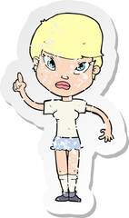 retro distressed sticker of a cartoon woman with idea