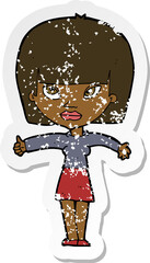 retro distressed sticker of a cartoon woman giving thumbs up symbol