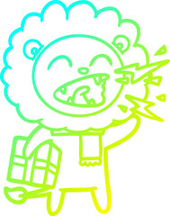 cold gradient line drawing cartoon roaring lion with present