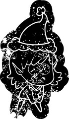 cartoon distressed icon of a elf girl staring and crouching wearing santa hat