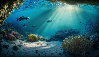 Fototapeta na wymiar sea, ocean, Underwater Scene, fish in aquarium, sea artwork, Tropical Seabed, generated with AI tool