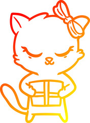 warm gradient line drawing cute cartoon cat with bow