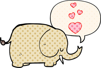 cute cartoon elephant and love hearts and speech bubble in comic book style