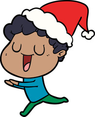 laughing line drawing of a man running wearing santa hat