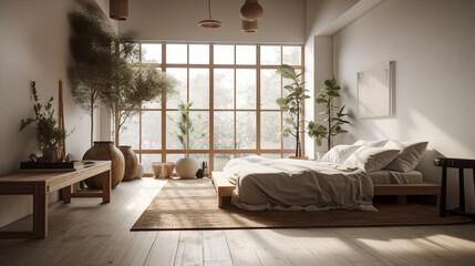 Japandi Style Interior Design, Bright and Light Bedroom Photography with High Ceilings and Calming Natural Decor and Styling - Generative AI