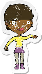 retro distressed sticker of a cartoon happy woman