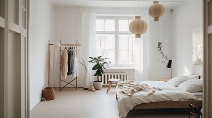 Japandi Style Interior Design, Bright and Light Bedroom Photography with High Ceilings and Calming Natural Decor and Styling - Generative AI