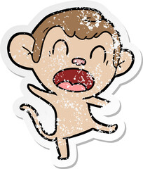 distressed sticker of a shouting cartoon monkey dancing
