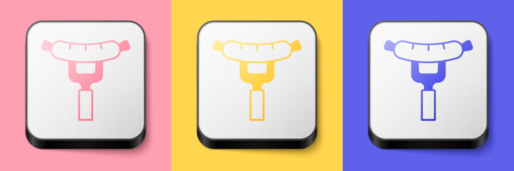 Isometric Sausage on the fork icon isolated on pink, yellow and blue background. Grilled sausage and aroma sign. Square button. Vector