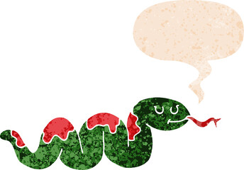 cartoon snake and speech bubble in retro textured style