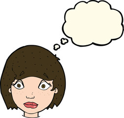 cartoon worried female face with thought bubble
