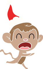 shouting flat color illustration of a monkey wearing santa hat