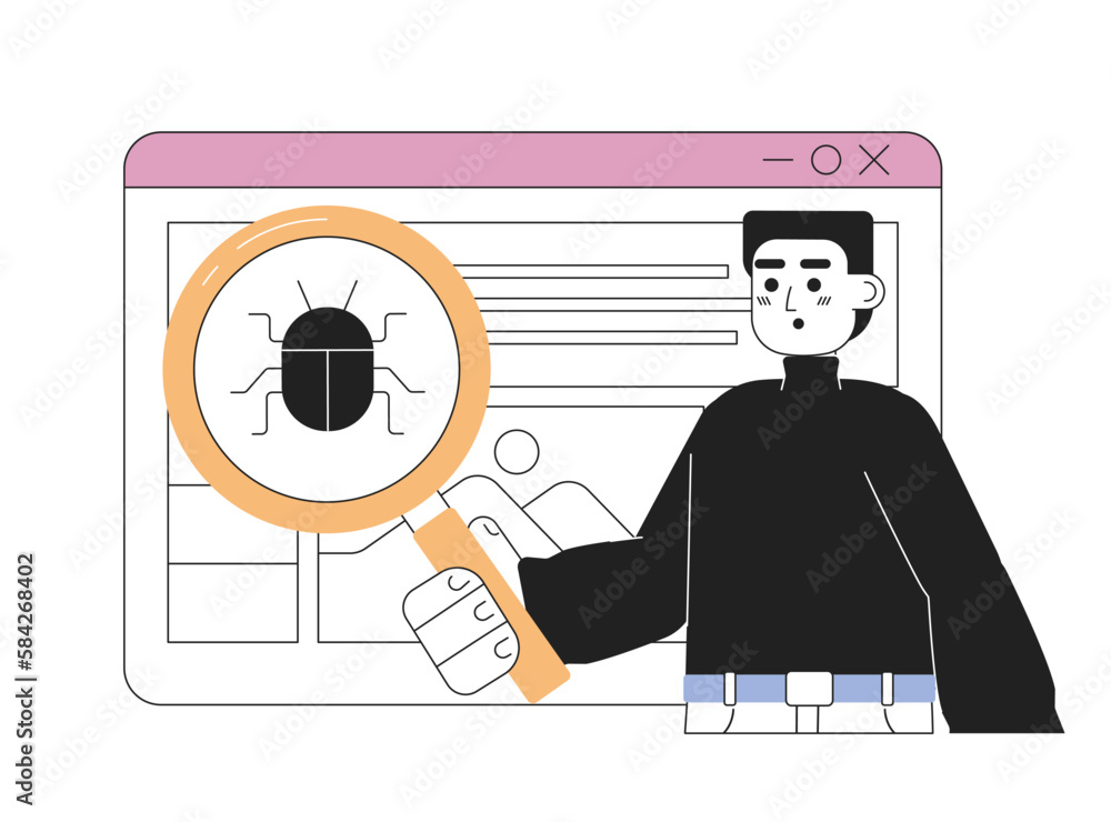 Poster debugging web application line concept vector spot illustration. editable 2d flat cartoon character 
