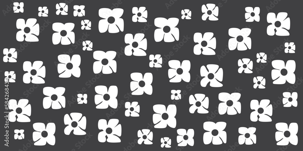 Poster simple retro style flowers of various sizes pattern - summer or sping theme from the 60s, 70s - blac