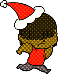 comic book style illustration of a boy with untidy hair wearing santa hat