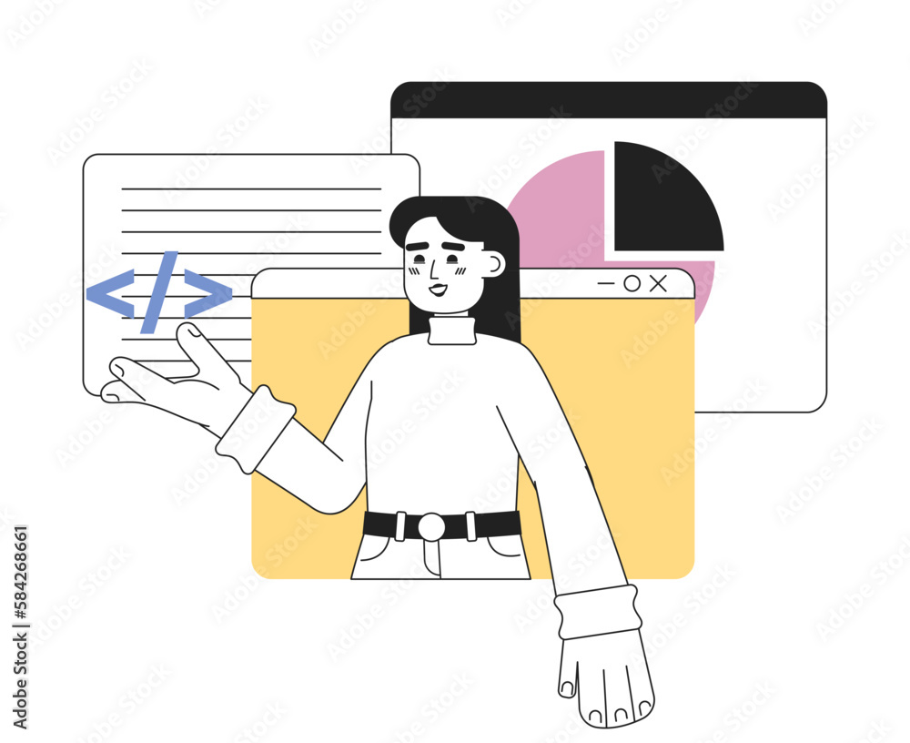 Aufkleber web development online courses line concept vector spot illustration. editable 2d flat cartoon chara