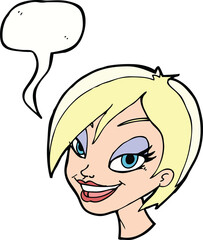 cartoon pretty female face with speech bubble