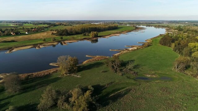 flight along the river elbe. meadows and sandbanks. evening mood in autumn. wonderful landscape in saxony anhalt.