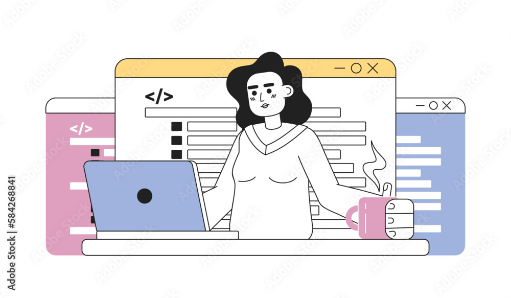 Poster writing code job line concept vector spot illustration. editable 2d flat cartoon character on white 