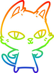 rainbow gradient line drawing cartoon cat staring