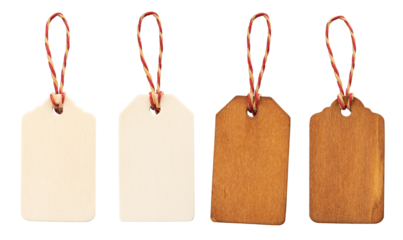 Group of Blank wooden price tag with string isolated. Template mock up