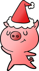 happy gradient cartoon of a pig wearing santa hat