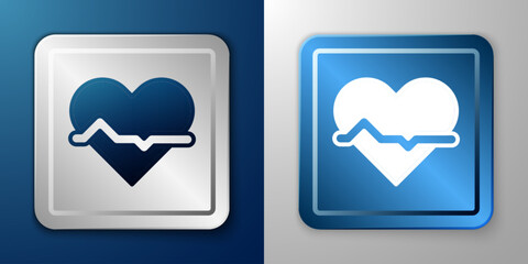 Fototapeta premium White Heart rate icon isolated on blue and grey background. Heartbeat sign. Heart pulse icon. Cardiogram icon. Silver and blue square button. Vector
