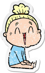 distressed sticker of a cartoon happy old lady