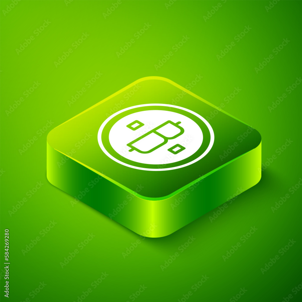 Poster isometric cryptocurrency coin bitcoin icon isolated on green background. physical bit coin. blockcha