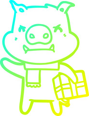 cold gradient line drawing angry cartoon pig with christmas gift