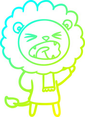 cold gradient line drawing cartoon lion in winter clothes