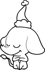 line drawing of a smiling elephant wearing santa hat