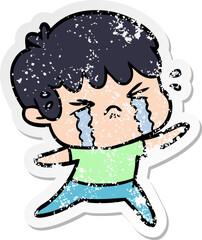 distressed sticker of a cartoon boy crying
