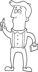 black and white cartoon man with notebook
